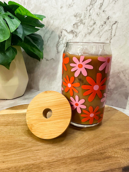 Retro Groovy Daisy 16oz Iced Coffee Glass Floral Cup