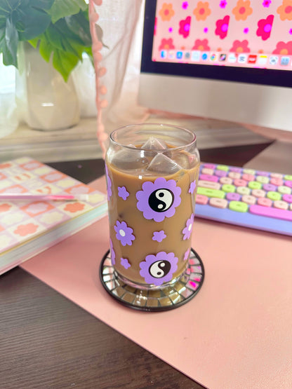 Lilac Retro Yin Yang 16oz Glass Can Cups