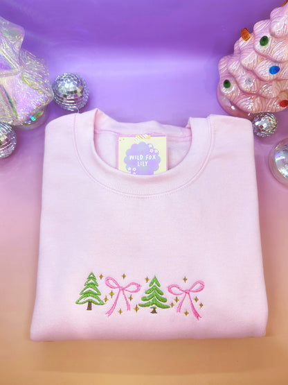 Christmas Tree's & Pink Bows Embroidered Sweatshirt