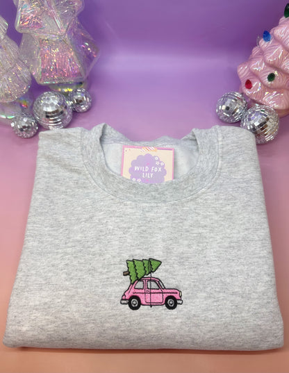 Pink Car & Christmas Tree Embroidered Sweatshirt