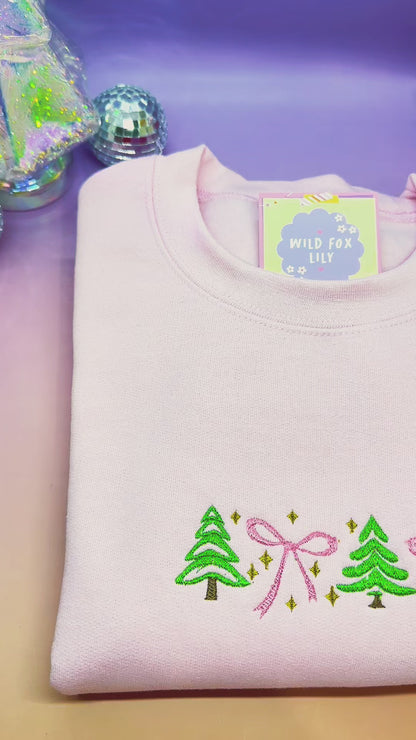 Christmas Tree's & Pink Bows Embroidered Sweatshirt