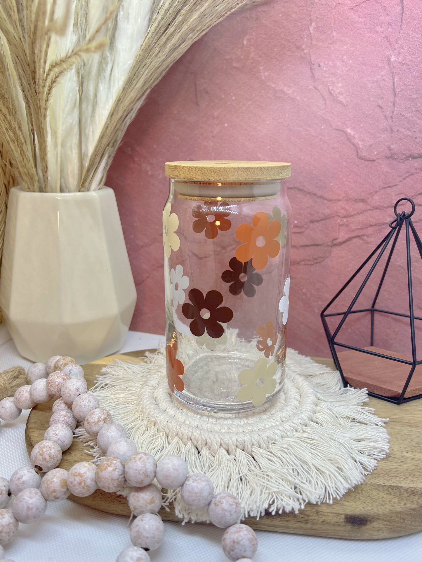 Brown Retro Daisy Flower Cup | 16oz Glass Can Cups