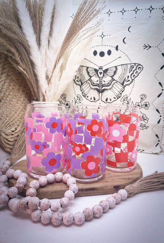 Checkered & Daisies  | 16oz Glass Can Cups